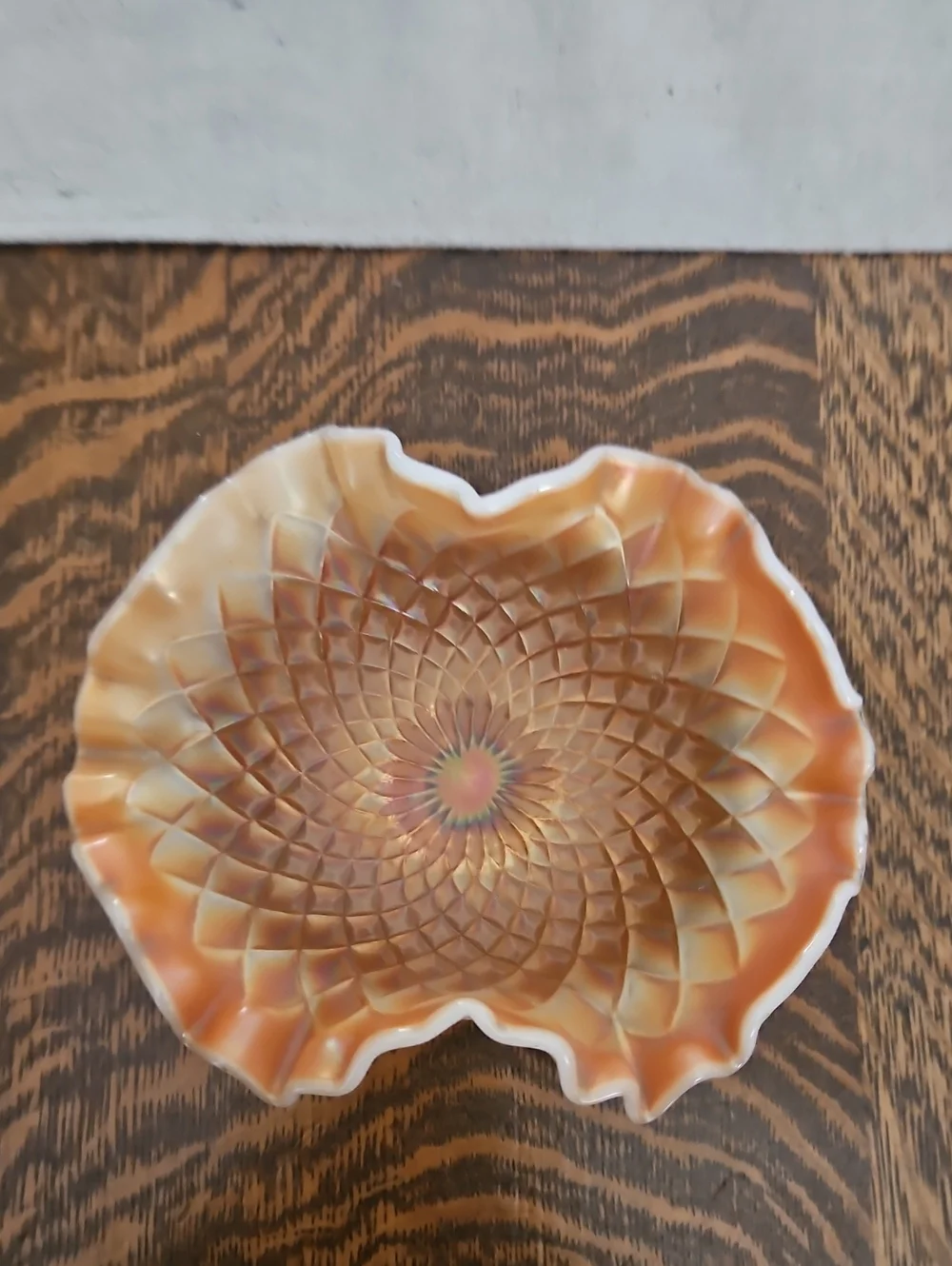 Folding Fan Peach Carnival Glass Pedestal Bowl